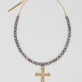 SILVER PEARL CROSS NECKLACE